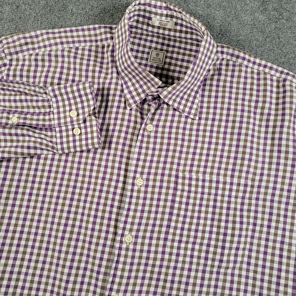 Peter Millar Shirt Mens Extra Large Purple Brown Gingham Long Sleeve Button Down
